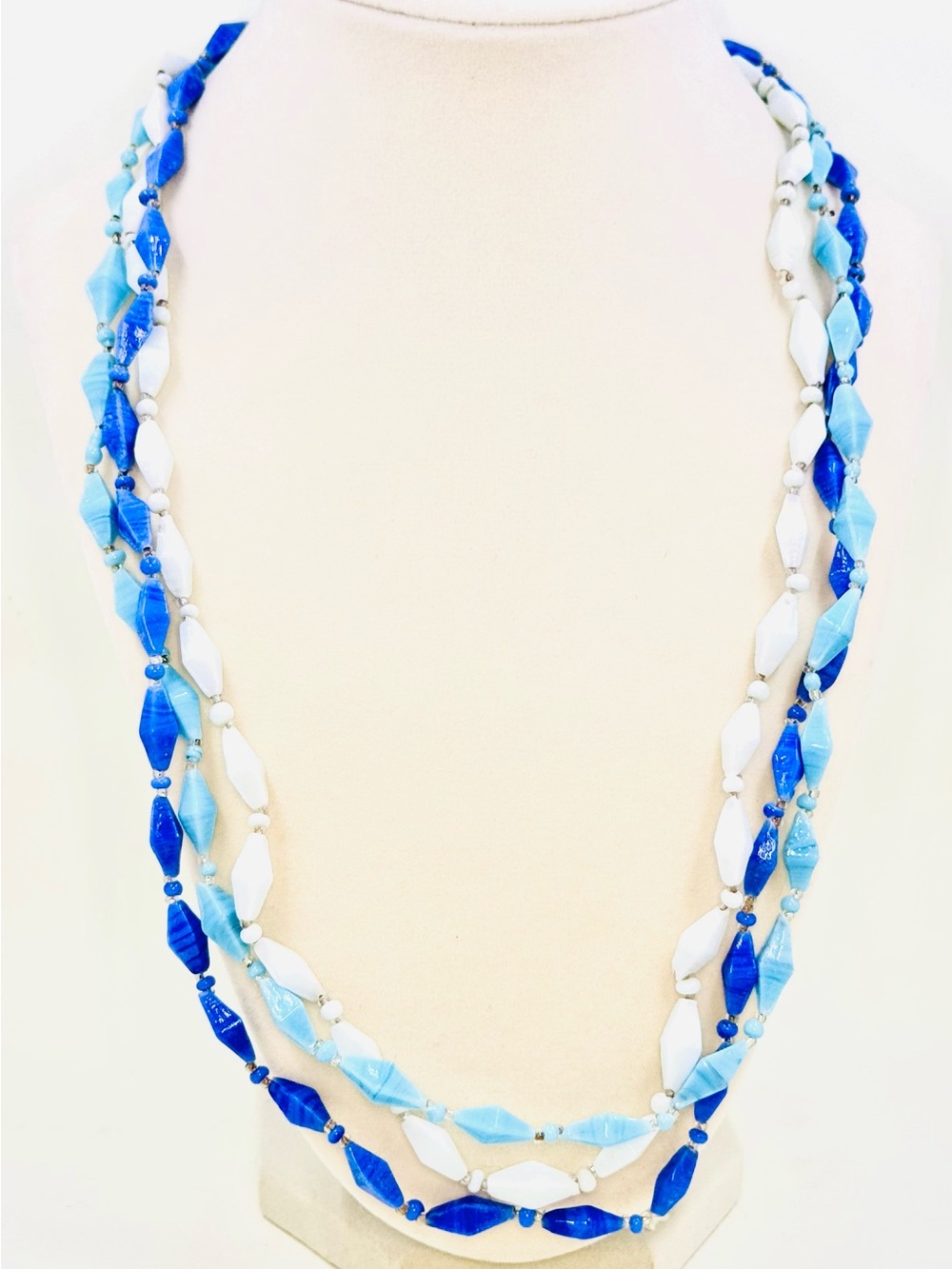 Blue & White Hand Carved & Hand Beaded Indian Glass Necklaces 23-24”